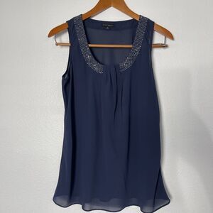 Willi Smith Y2K Teal Blue Chiffon Tank Top Medium Vintage Beaded Neck Blouse